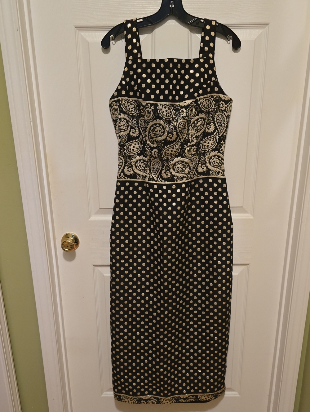 Henry Higgins Sleeveless Black and Gold Polka Dot Brocade Sheath Dress. Size 14
